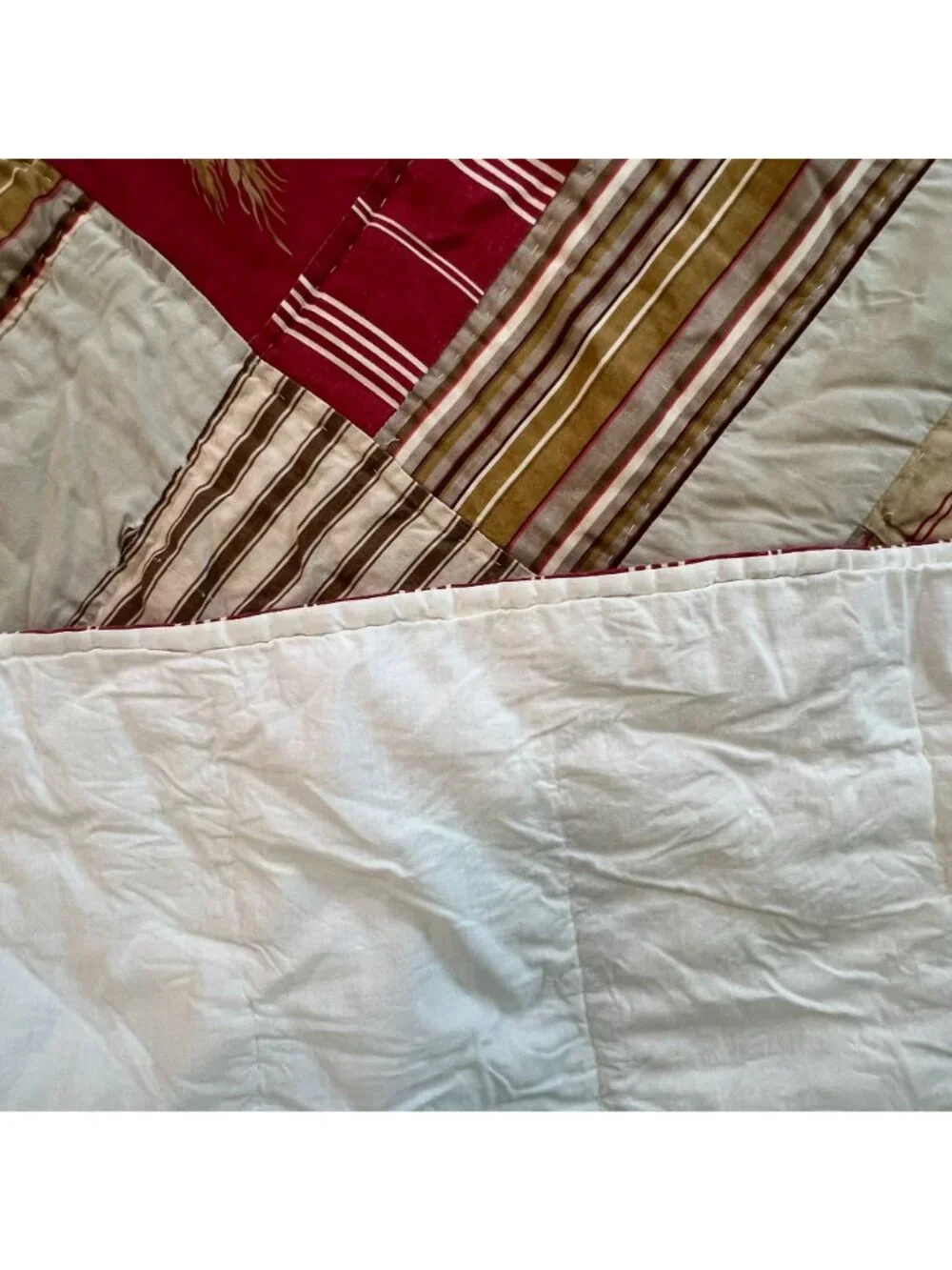 Two Handmade Quilted Patchwork Blankets Stripes Floral RED CRM French Cottage